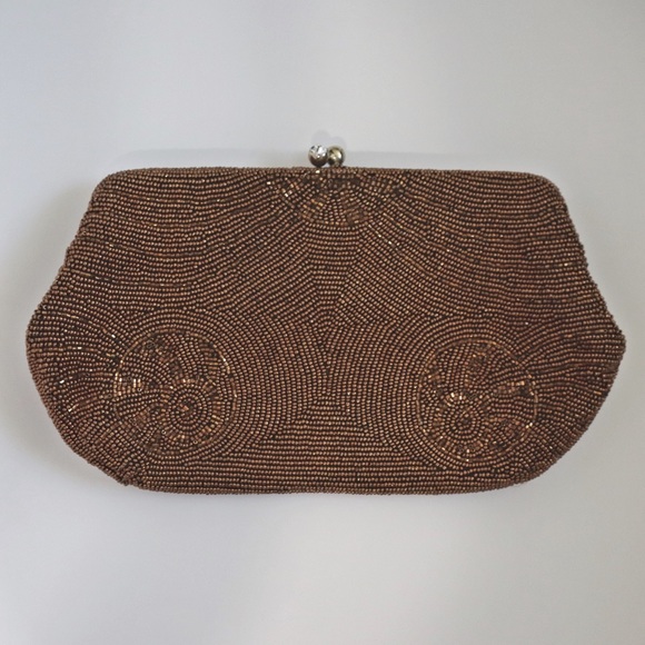 Vintage Handbags - Vintage Made Art Deco Golden Brown Copper Beaded Clutch Purse Made in Japan